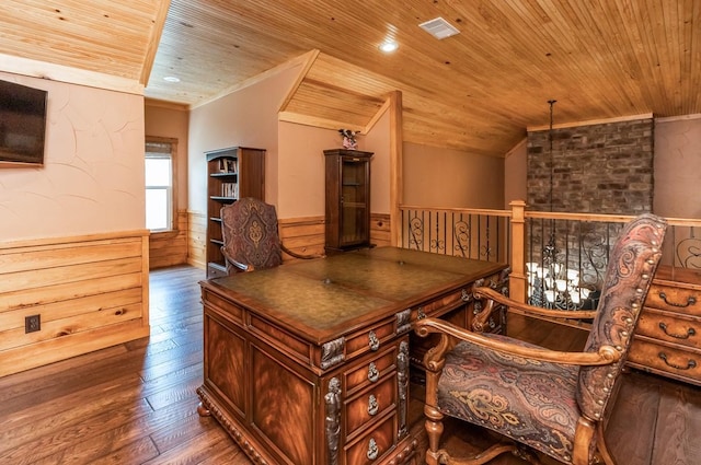 office with hardwood / wood-style flooring, visible vents, wooden ceiling, ornamental molding, and wainscoting