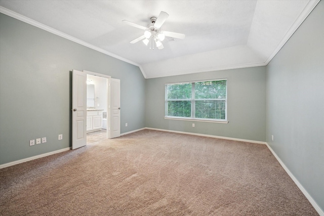 unfurnished room featuring ornamental molding, a ceiling fan, light carpet, lofted ceiling, and baseboards
