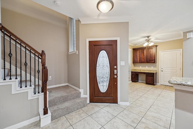 1339 Ella Pl, Houston, TX 77008 - foyer with stairs, ornamental molding, light tile patterned floors, and ceiling fan