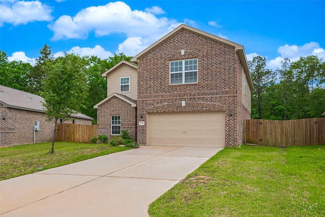 traditional home featuring brick siding, fence, a garage, driveway, and a front lawn