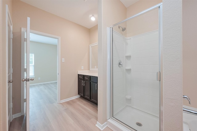 bathroom with baseboards, wood finished floors, a shower stall, and vanity