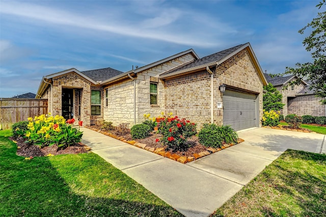 29031 Zacate Creek Ln, Fulshear, TX 77441 - ranch-style house with a front lawn, fence, a shingled roof, concrete driveway, and an attached garage