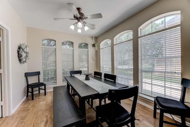 dining space with ceiling fan, light wood-style floors, and baseboards