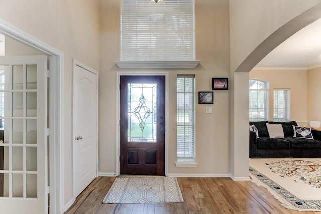 foyer entrance with wood finished floors, a high ceiling, baseboards, and arched walkways