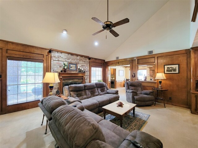 14926 Carols Way Dr, Houston, TX 77070 - living area featuring visible vents, a ceiling fan, high vaulted ceiling, and light carpet