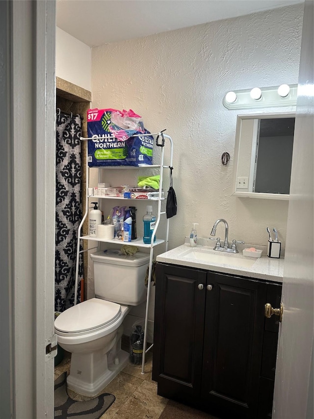 16203 Rapidcreek Dr, Houston, TX 77053 - bathroom with vanity, toilet, and a textured wall