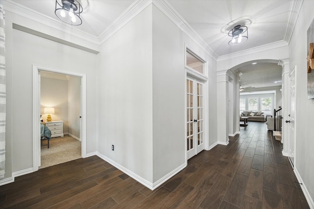 1603 Evening Bend Ct, Sugar Land, TX 77479 - corridor with arched walkways, dark wood-style flooring, ornamental molding, and baseboards
