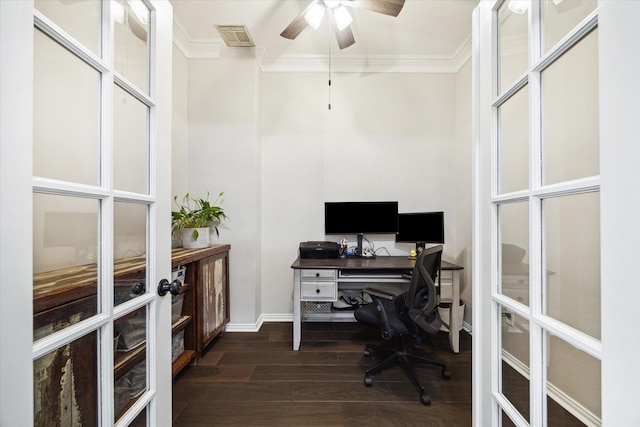 1603 Evening Bend Ct, Sugar Land, TX 77479 - office with french doors, ornamental molding, dark wood-type flooring, ceiling fan, and baseboards