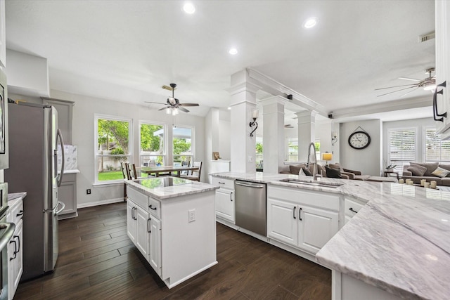 1603 Evening Bend Ct, Sugar Land, TX 77479 - kitchen with ceiling fan, appliances with stainless steel finishes, open floor plan, a sink, and recessed lighting
