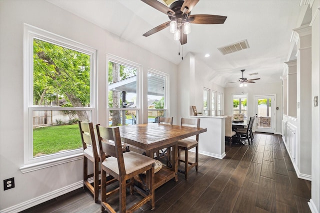 1603 Evening Bend Ct, Sugar Land, TX 77479 - dining area with ceiling fan, dark wood-style flooring, and baseboards