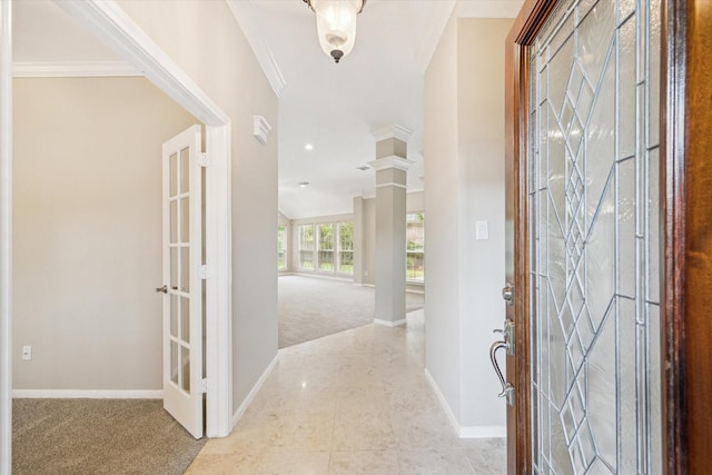 16610 Shadow Path Dr, Houston, TX 77059 - tiled foyer entrance featuring carpet floors, baseboards, crown molding, and french doors