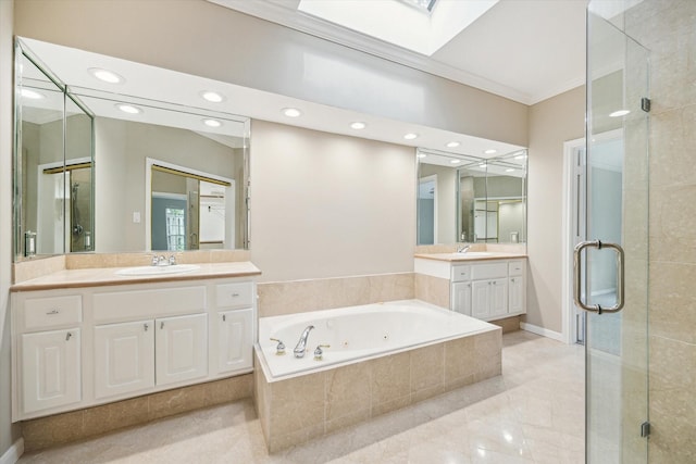 16610 Shadow Path Dr, Houston, TX 77059 - bathroom with crown molding, a shower stall, a jetted tub, recessed lighting, and two vanities