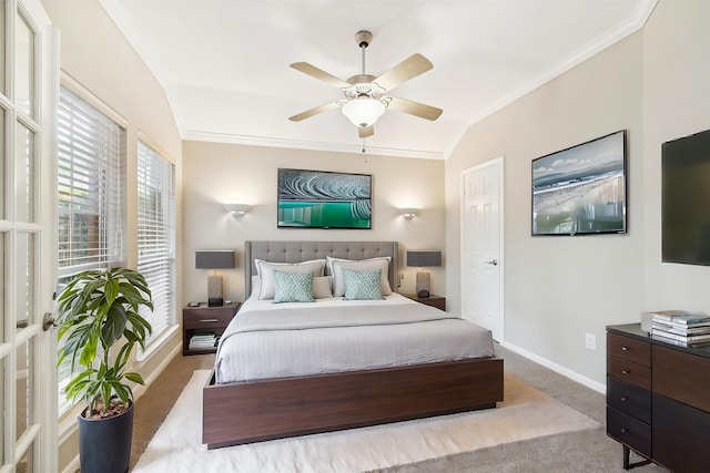 16610 Shadow Path Dr, Houston, TX 77059 - bedroom with ornamental molding, vaulted ceiling, carpet, baseboards, and a ceiling fan