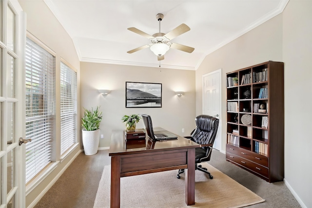 16610 Shadow Path Dr, Houston, TX 77059 - office space with carpet floors, ornamental molding, ceiling fan, lofted ceiling, and baseboards