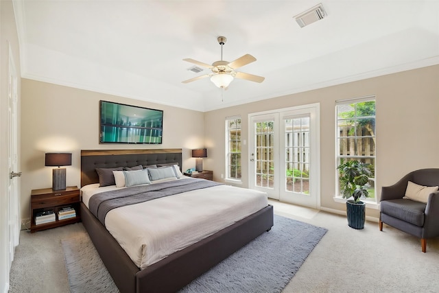 16610 Shadow Path Dr, Houston, TX 77059 - bedroom featuring light carpet, access to exterior, and ceiling fan