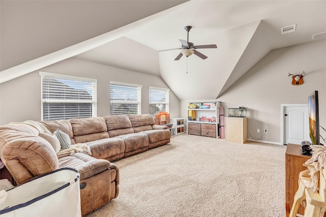 living area featuring ceiling fan, carpet floors, baseboards, lofted ceiling, and visible vents