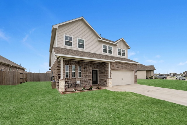view of front facade featuring a front yard, driveway, fence, and brick siding