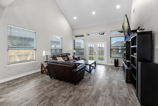 living area featuring crown molding, french doors, baseboards, wood finished floors, and high vaulted ceiling