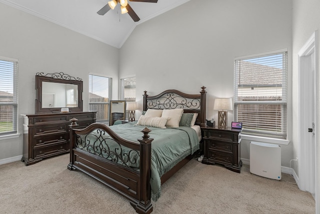 bedroom featuring ornamental molding, high vaulted ceiling, light carpet, and baseboards