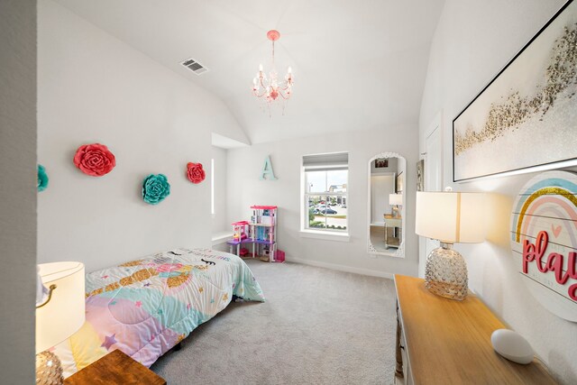carpeted bedroom with an inviting chandelier, baseboards, vaulted ceiling, and visible vents