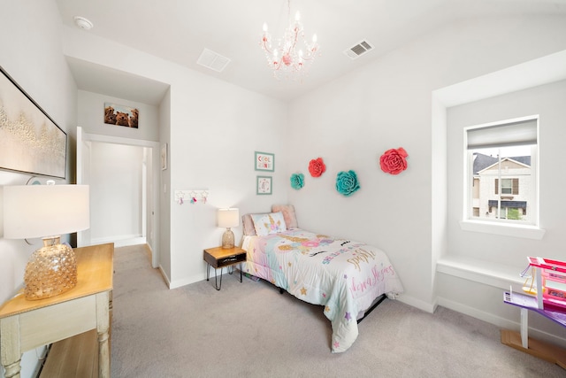 bedroom with carpet flooring, baseboards, a notable chandelier, and visible vents
