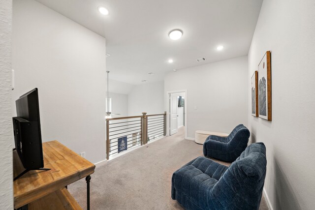 sitting room featuring visible vents, recessed lighting, carpet, and baseboards
