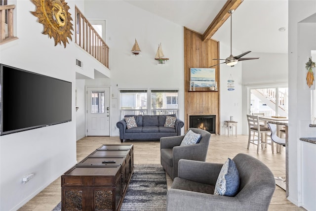 living area featuring a large fireplace, visible vents, ceiling fan, light wood-style floors, and high vaulted ceiling