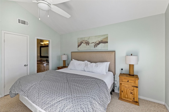 bedroom featuring lofted ceiling, light colored carpet, visible vents, baseboards, and a ceiling fan