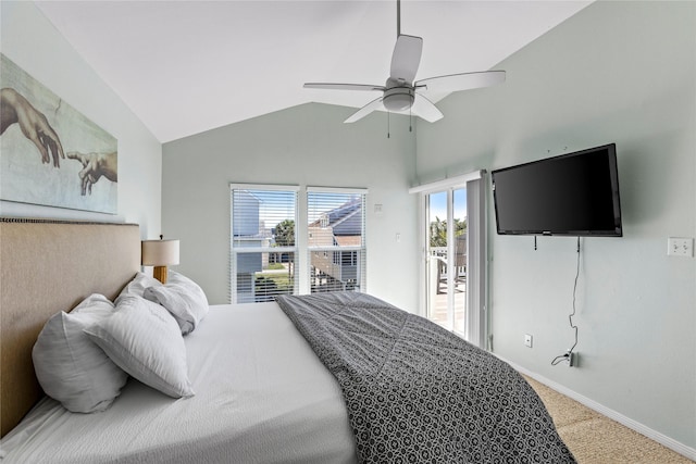 carpeted bedroom featuring vaulted ceiling, ceiling fan, access to exterior, and baseboards