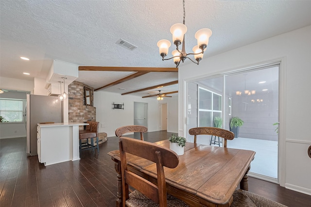 dining space featuring a textured ceiling, visible vents, vaulted ceiling with beams, and dark wood finished floors