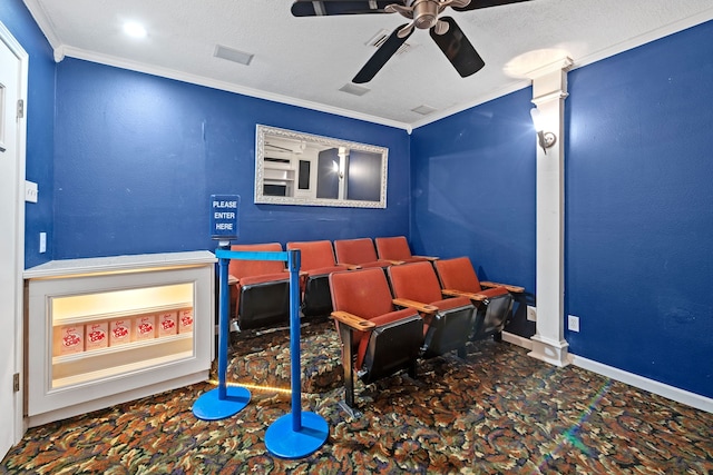 8310 Mentmore Dr, Spring, TX 77379 - cinema room with a ceiling fan, crown molding, and baseboards