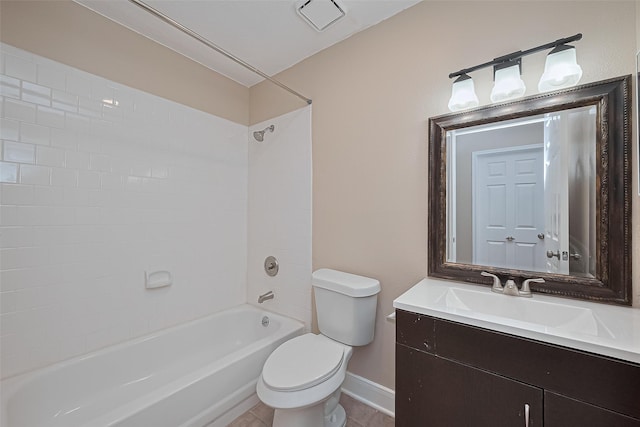full bath featuring baseboards, washtub / shower combination, toilet, and vanity