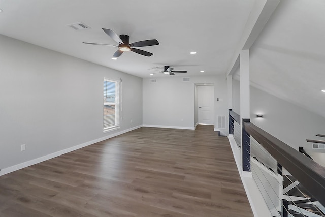 interior space with wood finished floors, visible vents, ceiling fan, and recessed lighting