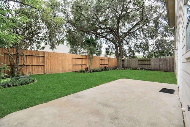 view of yard featuring a patio and a fenced backyard