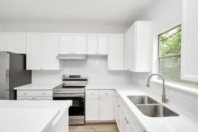 kitchen with a sink, decorative backsplash, stainless steel appliances, under cabinet range hood, and white cabinetry