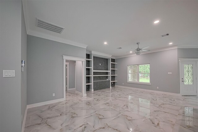 403 Smith St, Dayton, TX 77535 - unfurnished living room featuring visible vents, ornamental molding, and a ceiling fan