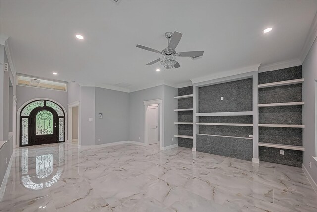 403 Smith St, Dayton, TX 77535 - interior space featuring crown molding, recessed lighting, a ceiling fan, and built in features
