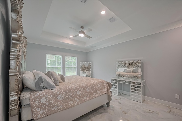 403 Smith St, Dayton, TX 77535 - bedroom featuring a ceiling fan, visible vents, a raised ceiling, marble finish floor, and recessed lighting