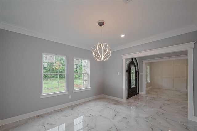 403 Smith St, Dayton, TX 77535 - unfurnished dining area with crown molding, a notable chandelier, marble finish floor, recessed lighting, and baseboards