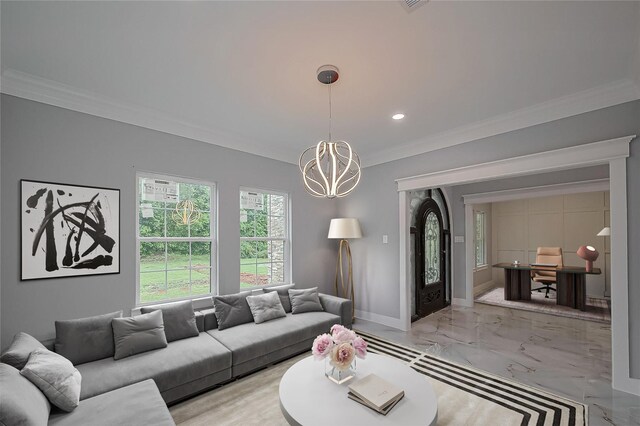 403 Smith St, Dayton, TX 77535 - living room with a chandelier, crown molding, recessed lighting, baseboards, and light marble finish flooring