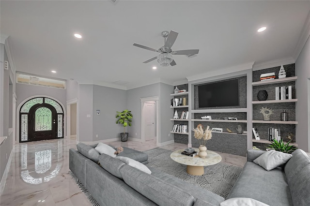 403 Smith St, Dayton, TX 77535 - living room featuring crown molding, recessed lighting, light marble finish floors, ceiling fan, and built in features