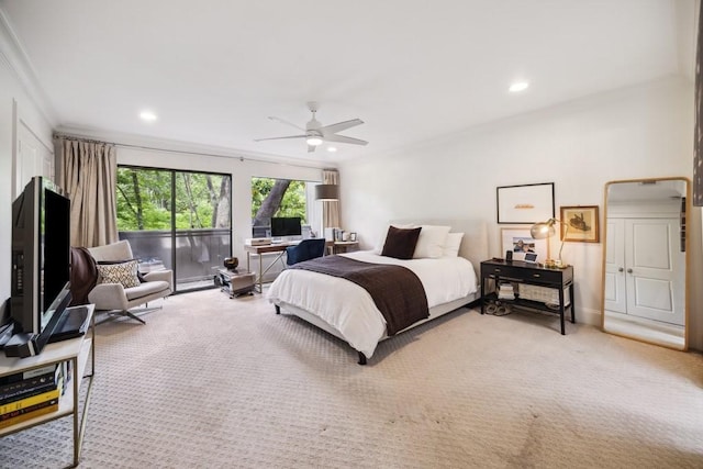bedroom featuring carpet floors, a baseboard radiator, recessed lighting, and access to outside