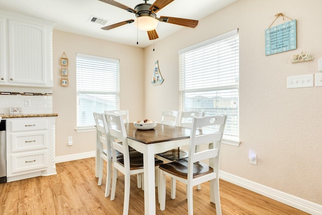 dining space with visible vents, ceiling fan, light wood-style flooring, and baseboards