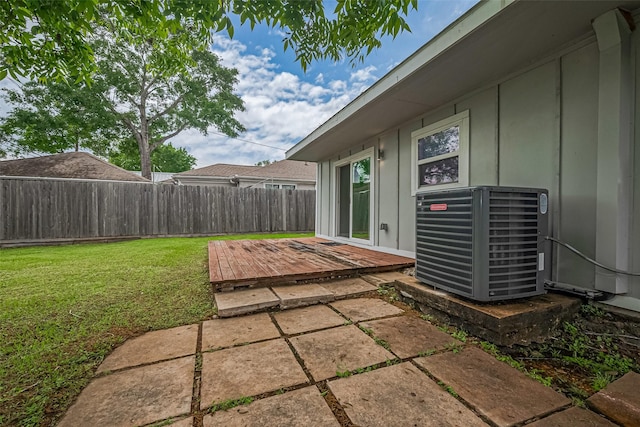 view of patio / terrace with cooling unit, a wooden deck, and a fenced backyard