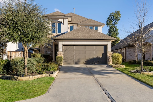 549 Timber Voyage Ct, Conroe, TX 77304 - traditional-style home featuring a shingled roof, a front lawn, a garage, stucco siding, and driveway