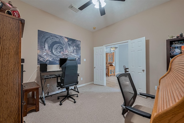 1839 Pembrook Cir, Conroe, TX 77301 - office space featuring baseboards, visible vents, ceiling fan, and carpet