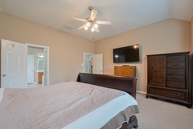 1839 Pembrook Cir, Conroe, TX 77301 - bedroom featuring ceiling fan, visible vents, vaulted ceiling, baseboards, and light colored carpet