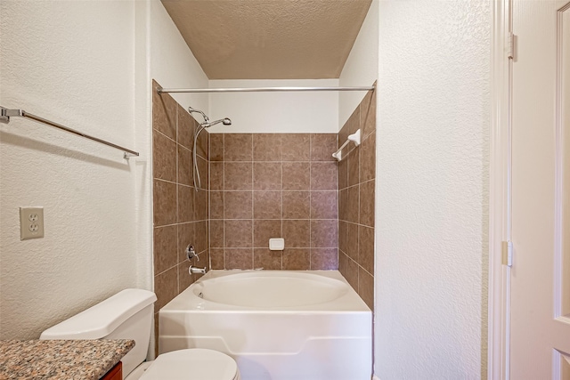 bathroom with shower / washtub combination, a textured ceiling, a textured wall, and toilet