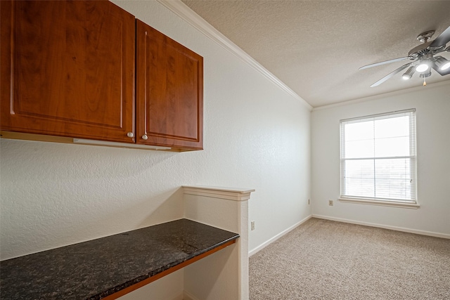 interior space with light colored carpet, crown molding, baseboards, and a textured ceiling