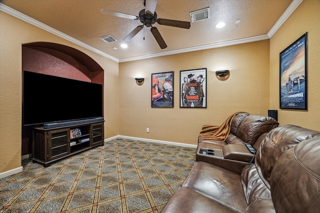 36927 Anglers Way, Pinehurst, TX 77362 - home theater with ceiling fan, dark colored carpet, ornamental molding, baseboards, and a textured ceiling